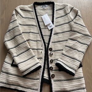 Veronica Beard Cream and Black Striped Knit Cardigan